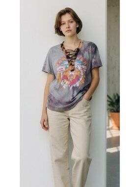 FOREVER 21 Gray Tie Dye VAN HALEN 1982 Lace Front Short Sleeved Top Girls 10-12